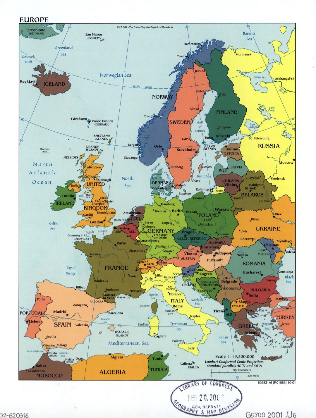 Large political map of Europe with the marks of capital cities and major cities - 2001