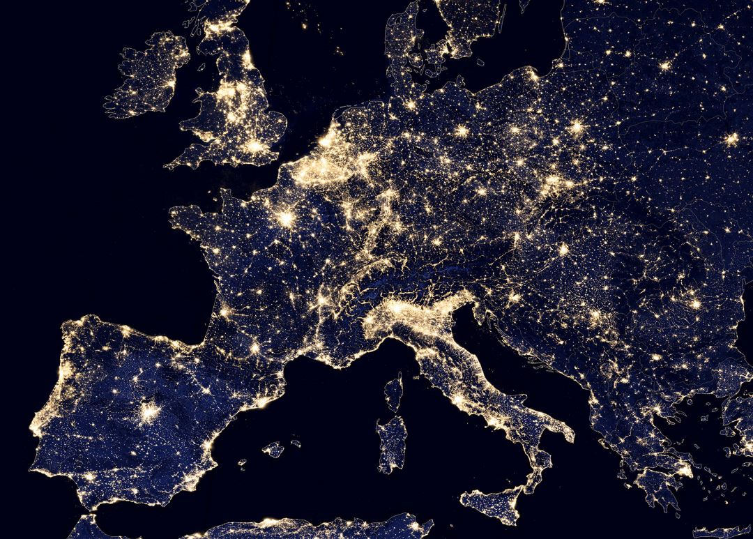 Large satellite image photo of Europe at night