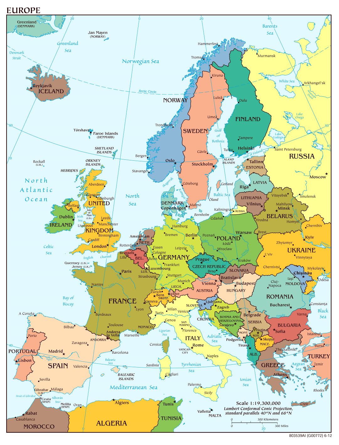 Large scale political map of Europe with capitals and major cities - 2012