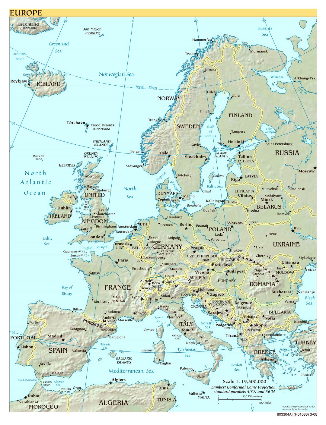 Large scale political map of Europe with relief - 2008