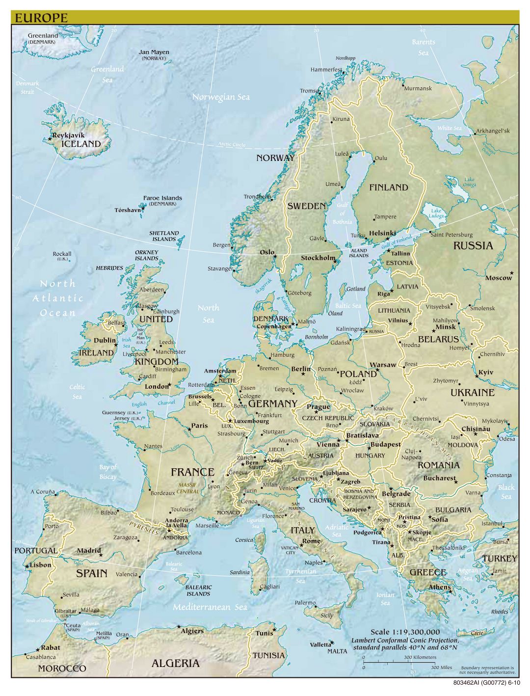 Large scale political map of Europe with relief, capitals and major cities - 2010