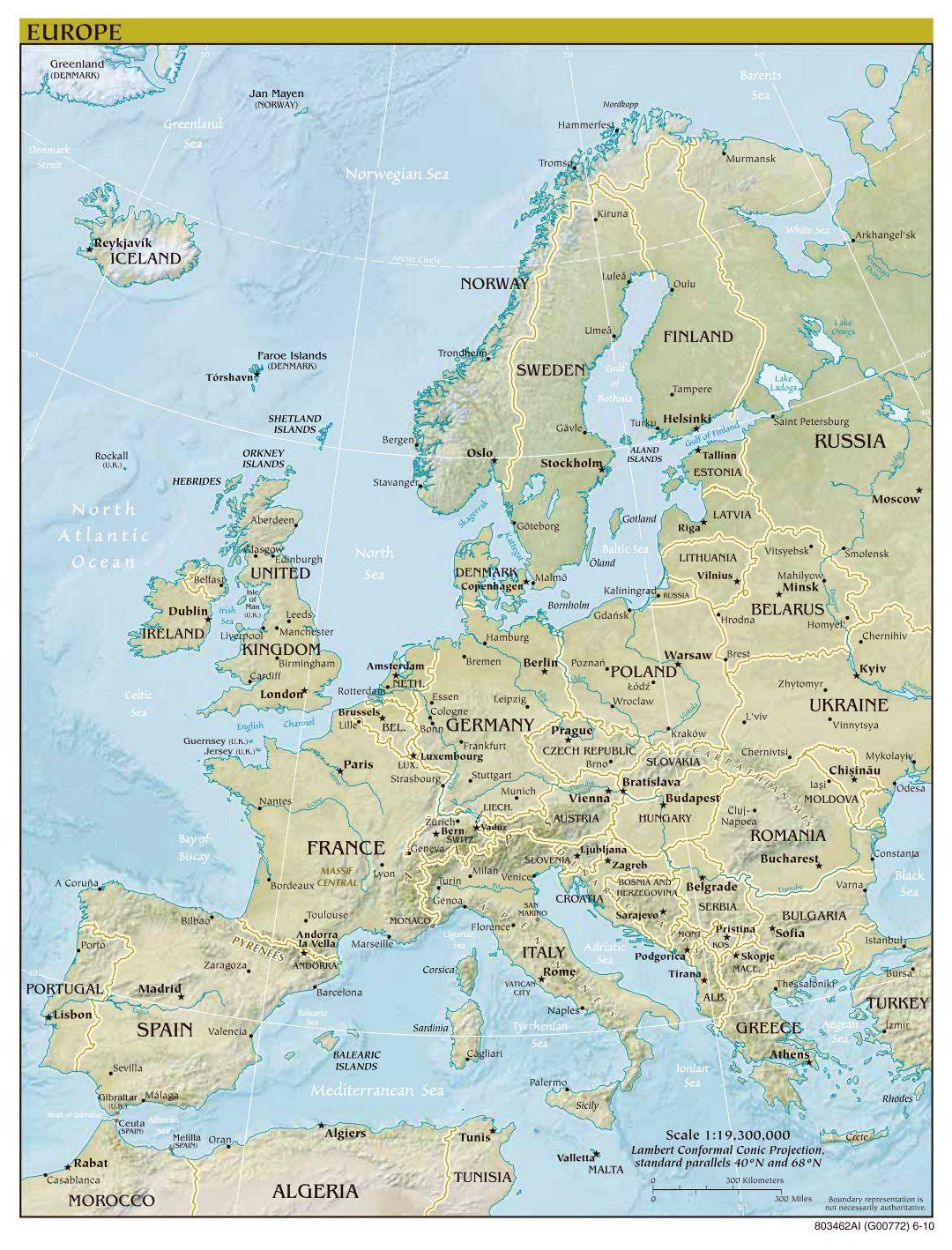 Large scale political map of Europe with relief, capitals and major cities - 2010
