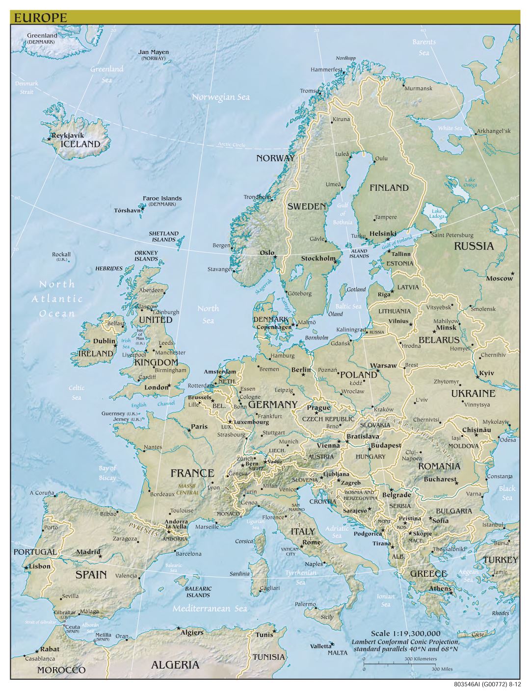 Large scale political map of Europe with relief, capitals and major cities - 2012