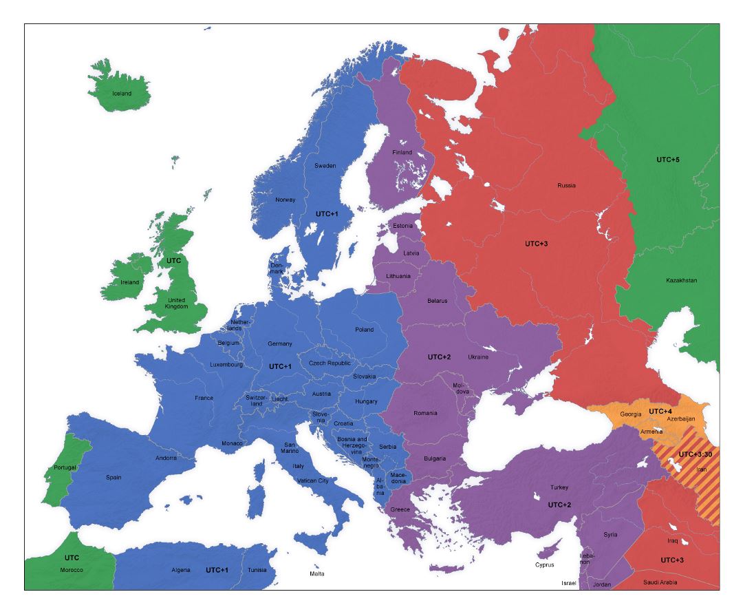 Large Time Zones map of Europe