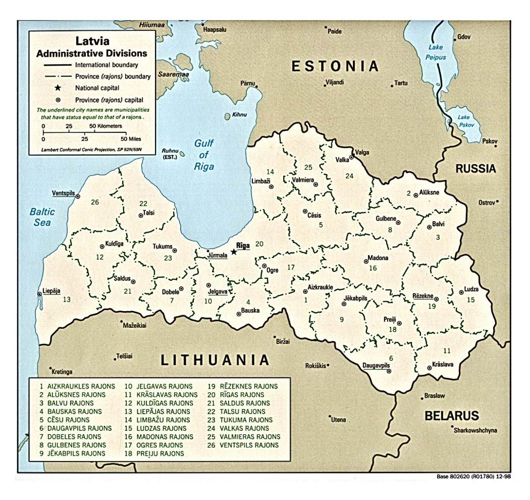 Detailed administrative divisions map of Latvia - 1998