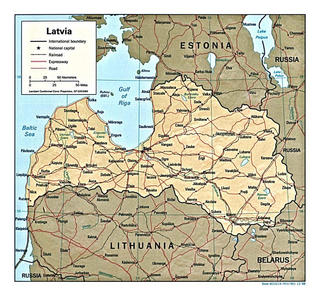Detailed political map of Latvia with relief, roads and major cities - 1998