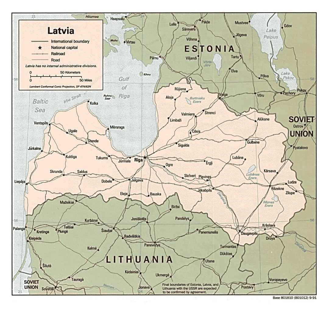 Detailed political map of Latvia with roads and major cities - 1991