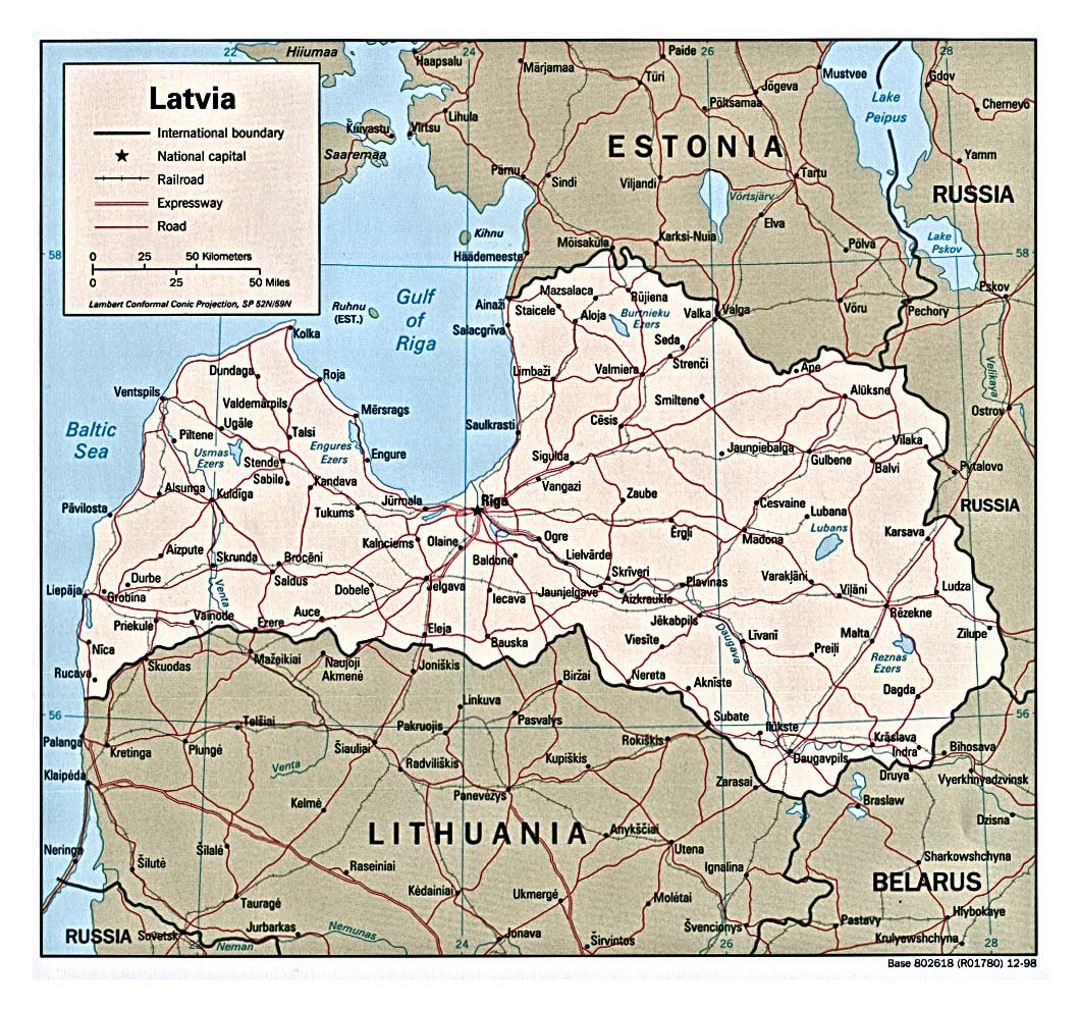 Detailed political map of Latvia with roads and major cities - 1998