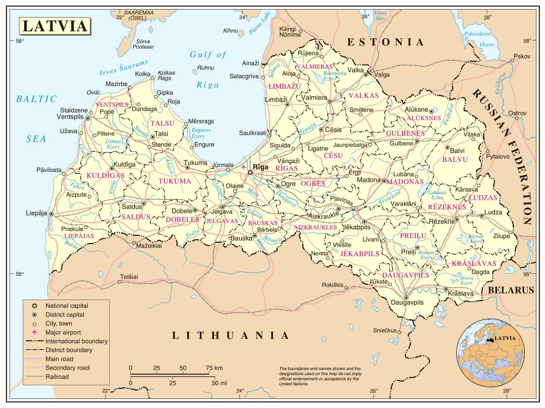 Large detailed political and administrative map of Latvia with roads, cities and airports