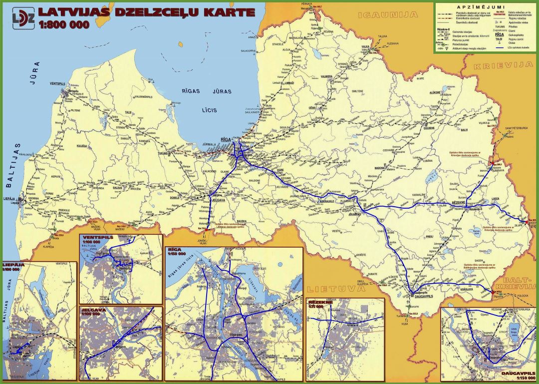 Large detailed railways map of Latvia