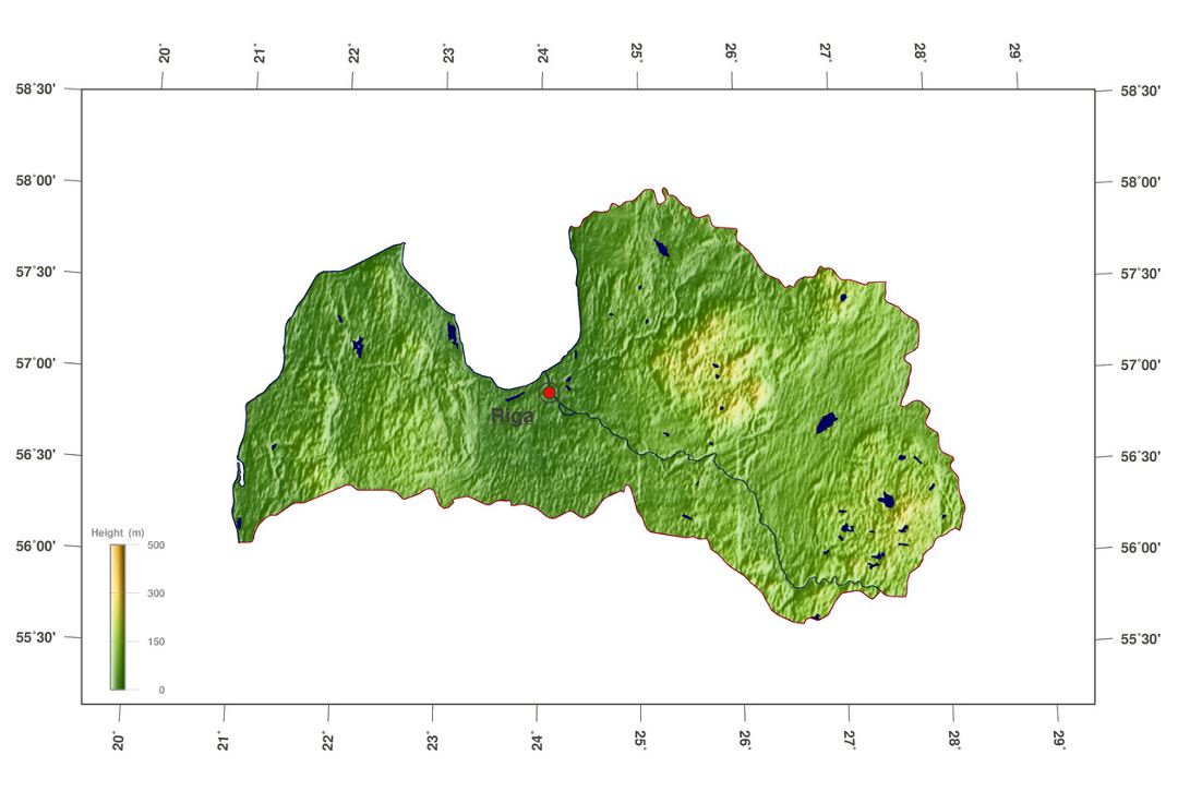 Large physical map of Latvia