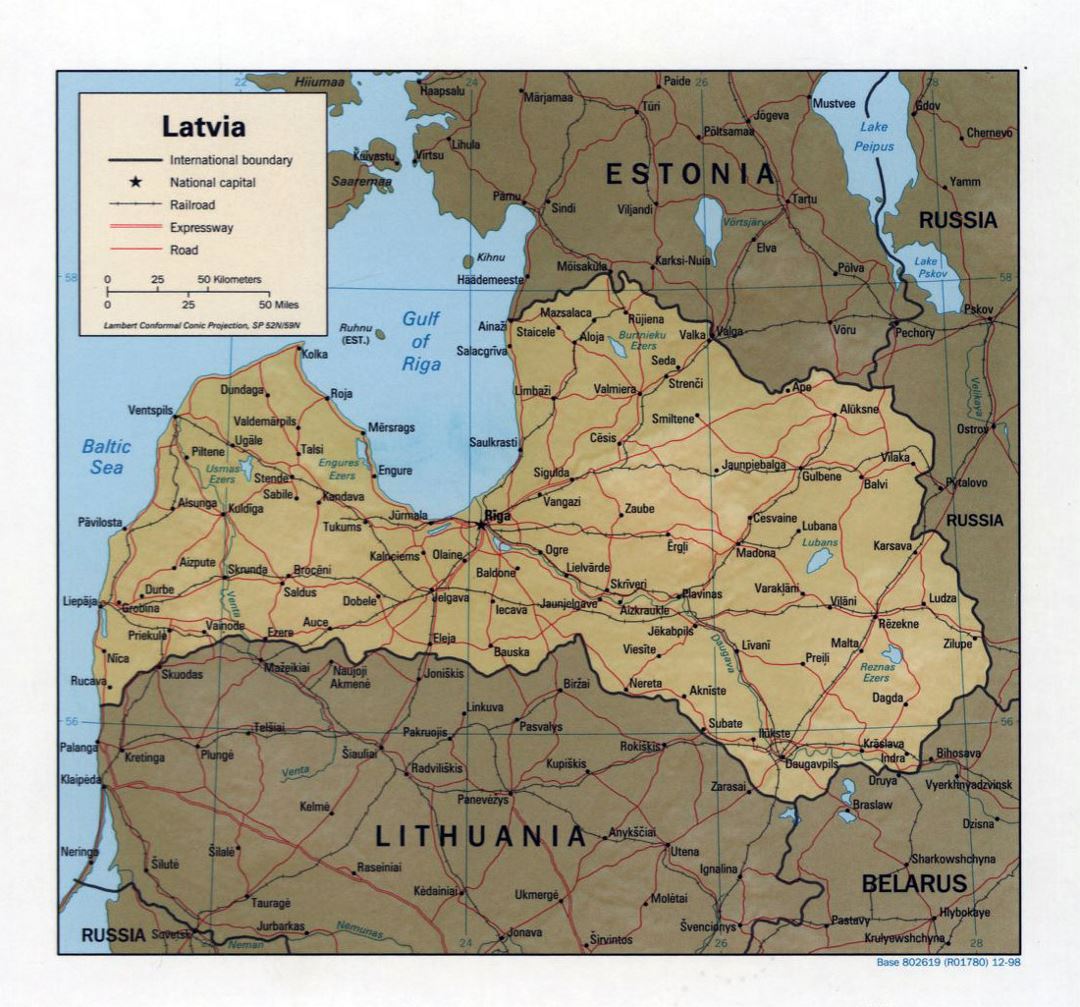 Large political map of Latvia with relief, roads and major cities - 1998