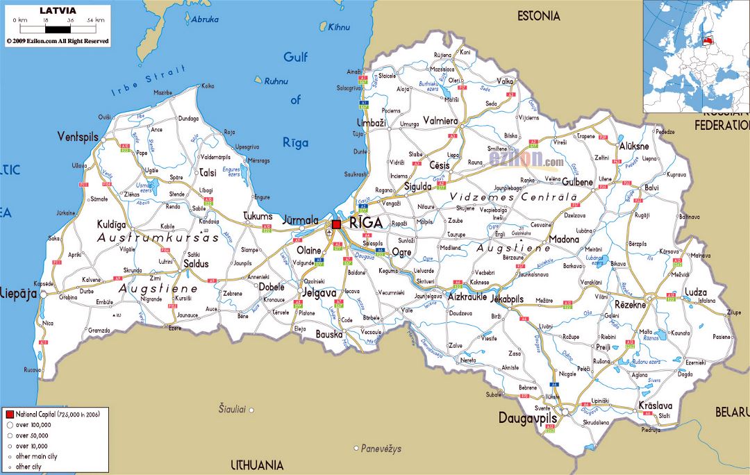 Large road map of Latvia with cities and airports