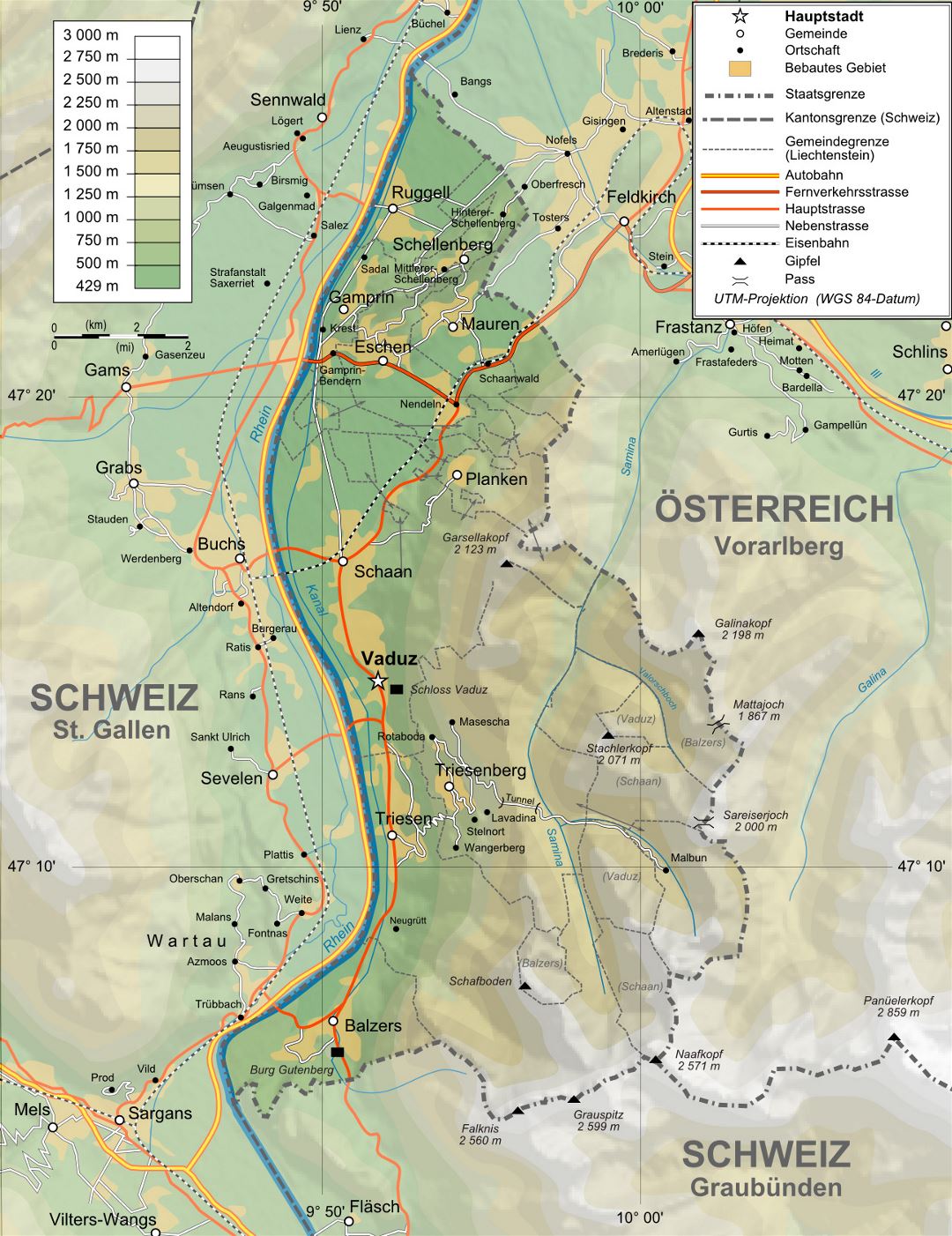 Large physical map of Liechtenstein