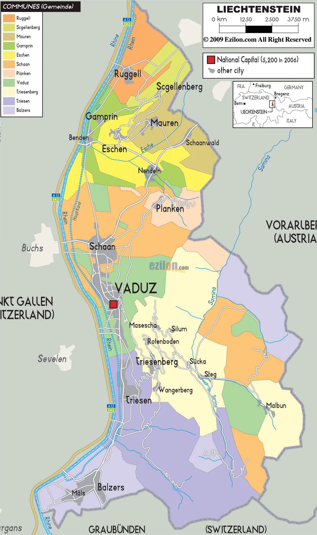 Large political and administrative map of Liechtenstein with roads, cities and villages