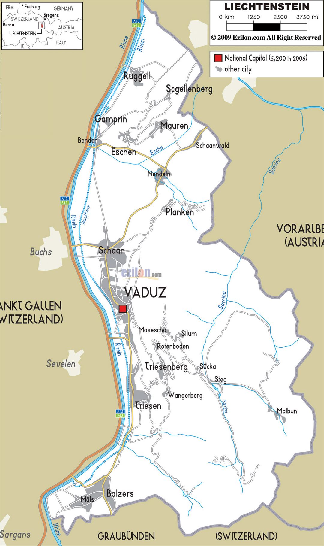 Large road map of Liechtenstein with cities and villages