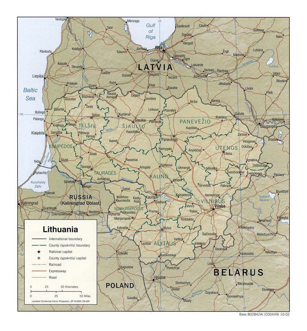 Detailed political and administrative map of Lithuania with relief, roads, railroads and major cities - 2002