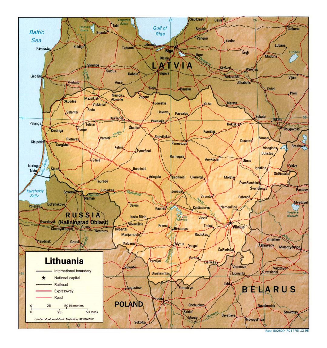 Detailed political map of Lithuania with relief, roads, railroads and major cities - 1998