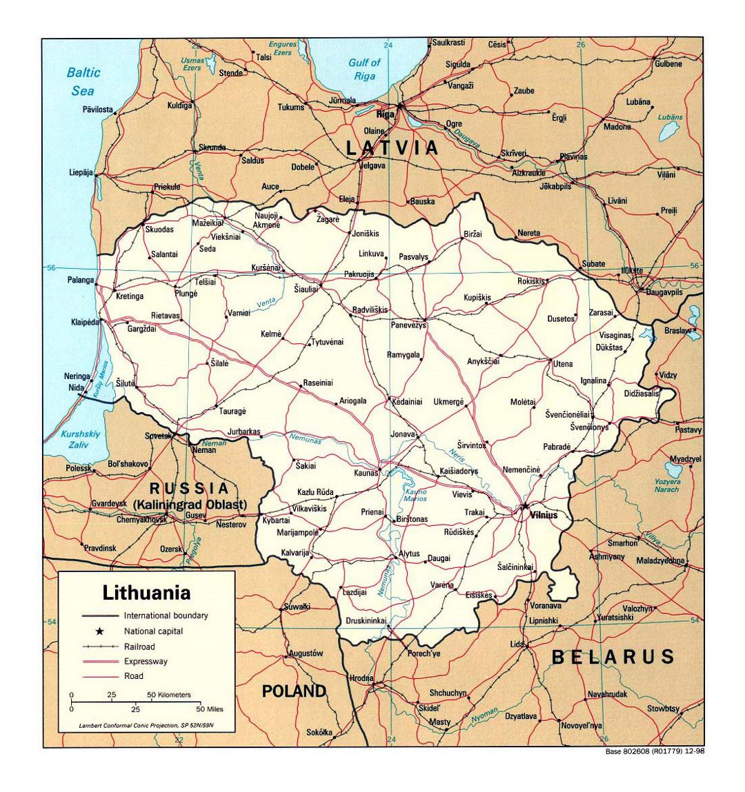 Detailed political map of Lithuania with roads, railroads and major cities - 1998