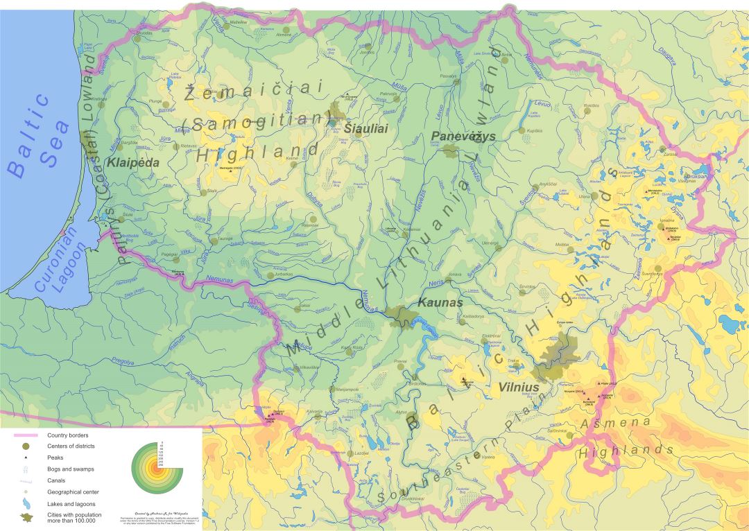 Large detailed physical map of Lithuania