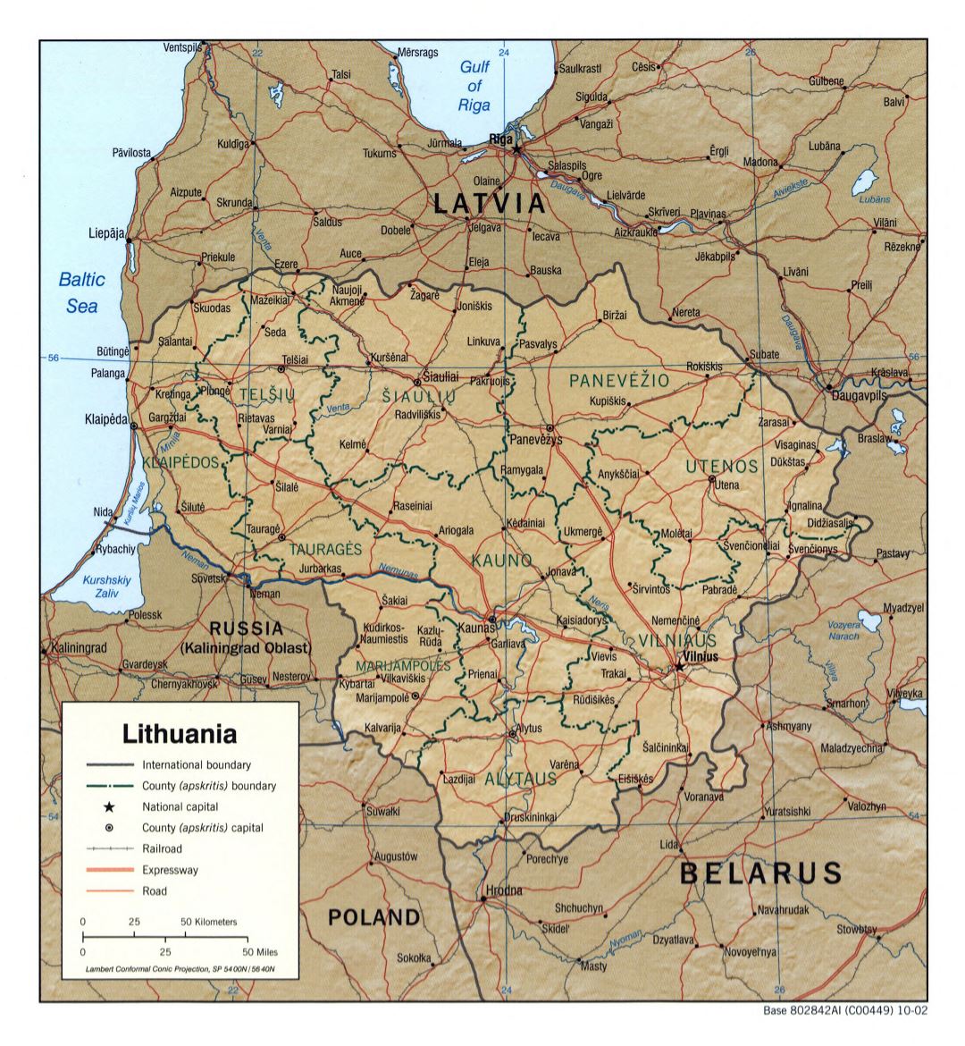Large detailed political and administrative map of Lithuania with relief, roads, railroads and major cities - 2002
