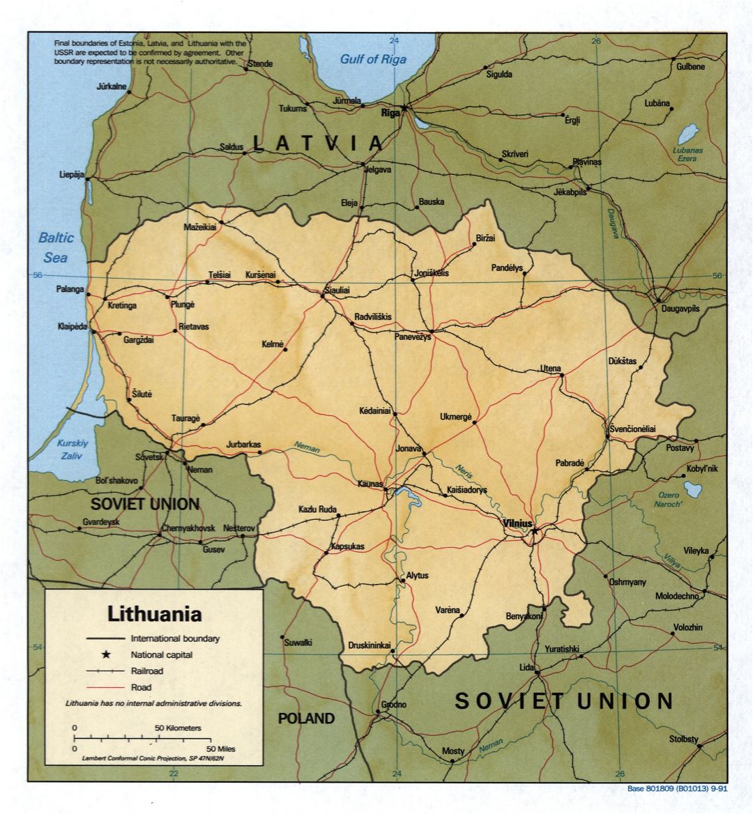 Large detailed political map of Lithuania with relief, roads, railroads and major cities - 1991