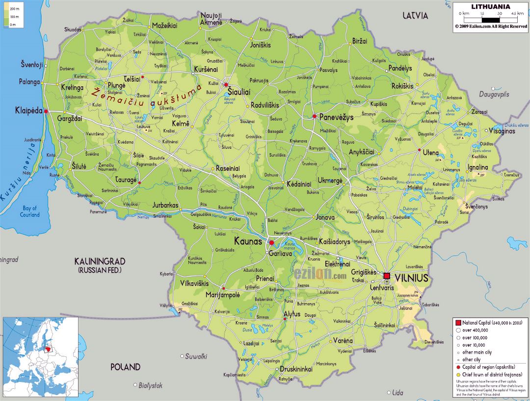 Large physical map of Lithuania with roads, cities and airports