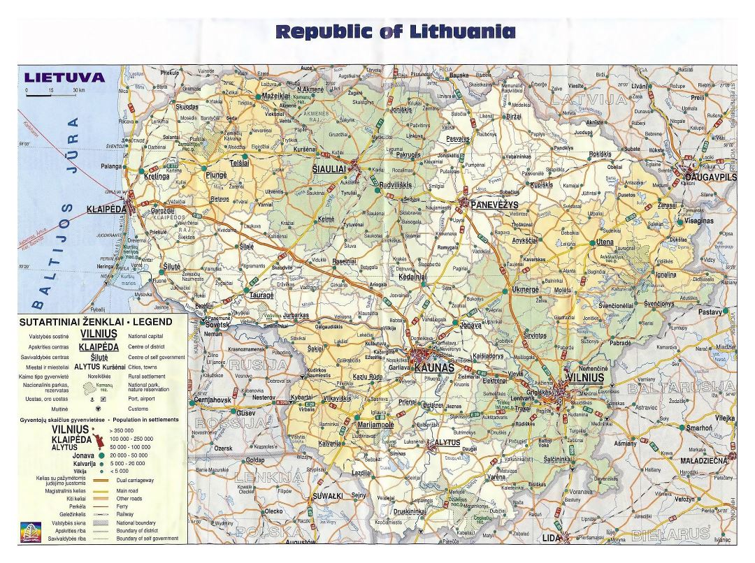 Large political and administrative map of Lithuania with roads and cities