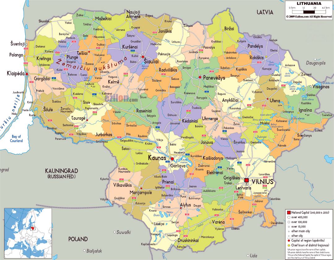 Large political and administrative map of Lithuania with roads, cities and airports