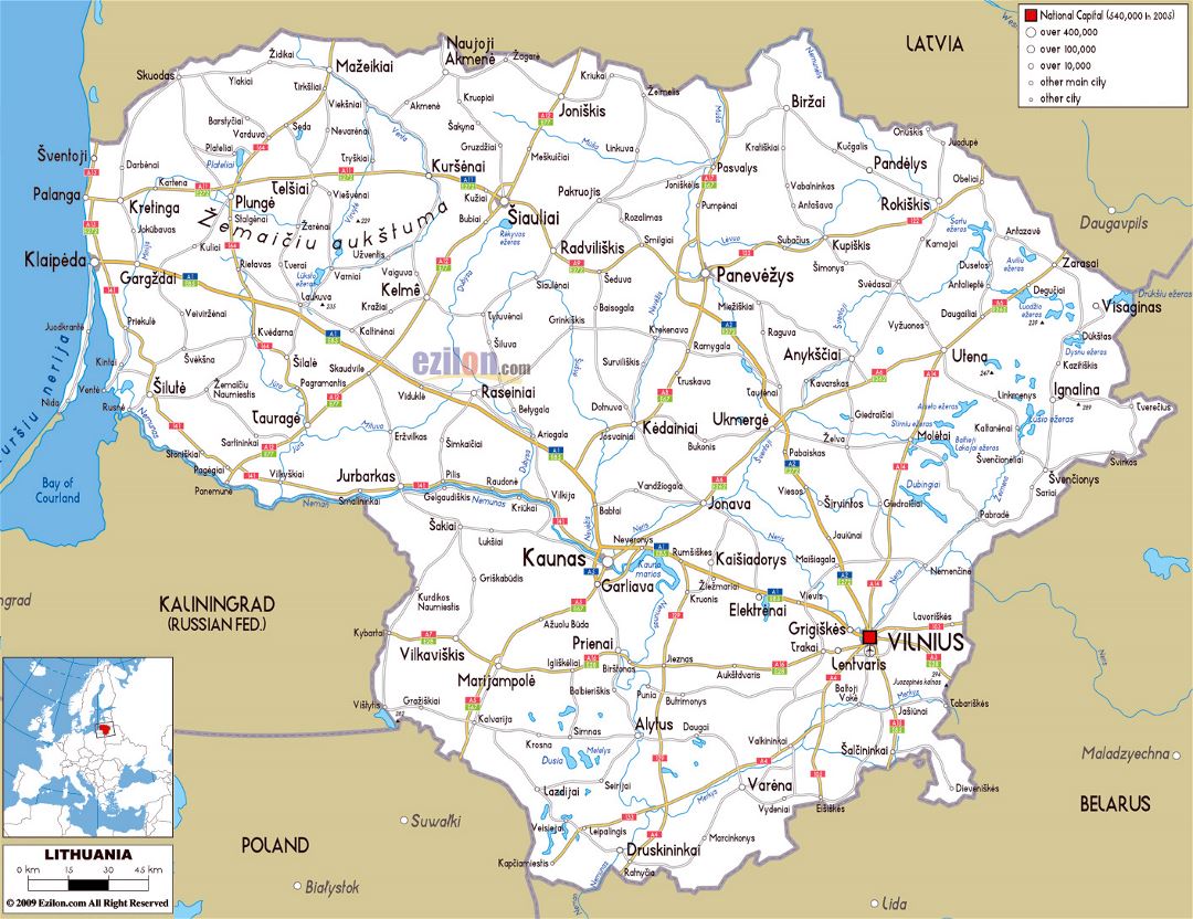 Large road map of Lithuania with cities and airports