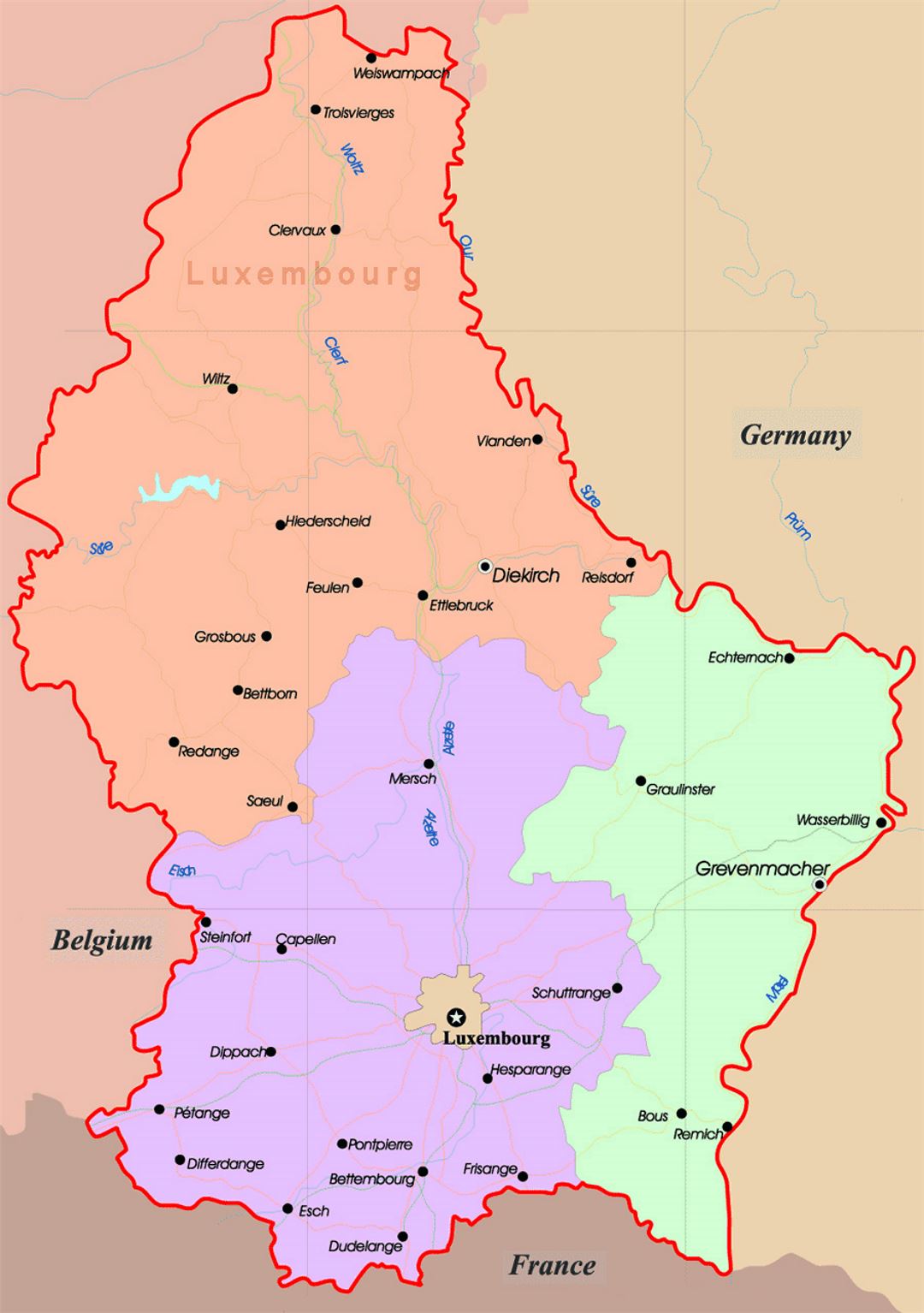 Detailed administrative map of Luxembourg with roads and major cities