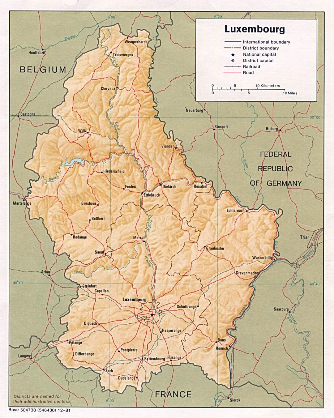 Detailed political and administrative map of Luxembourg with relief, roads, railroads and major cities - 1981