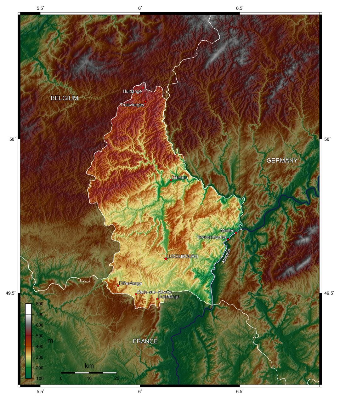 Large physical map of Luxembourg