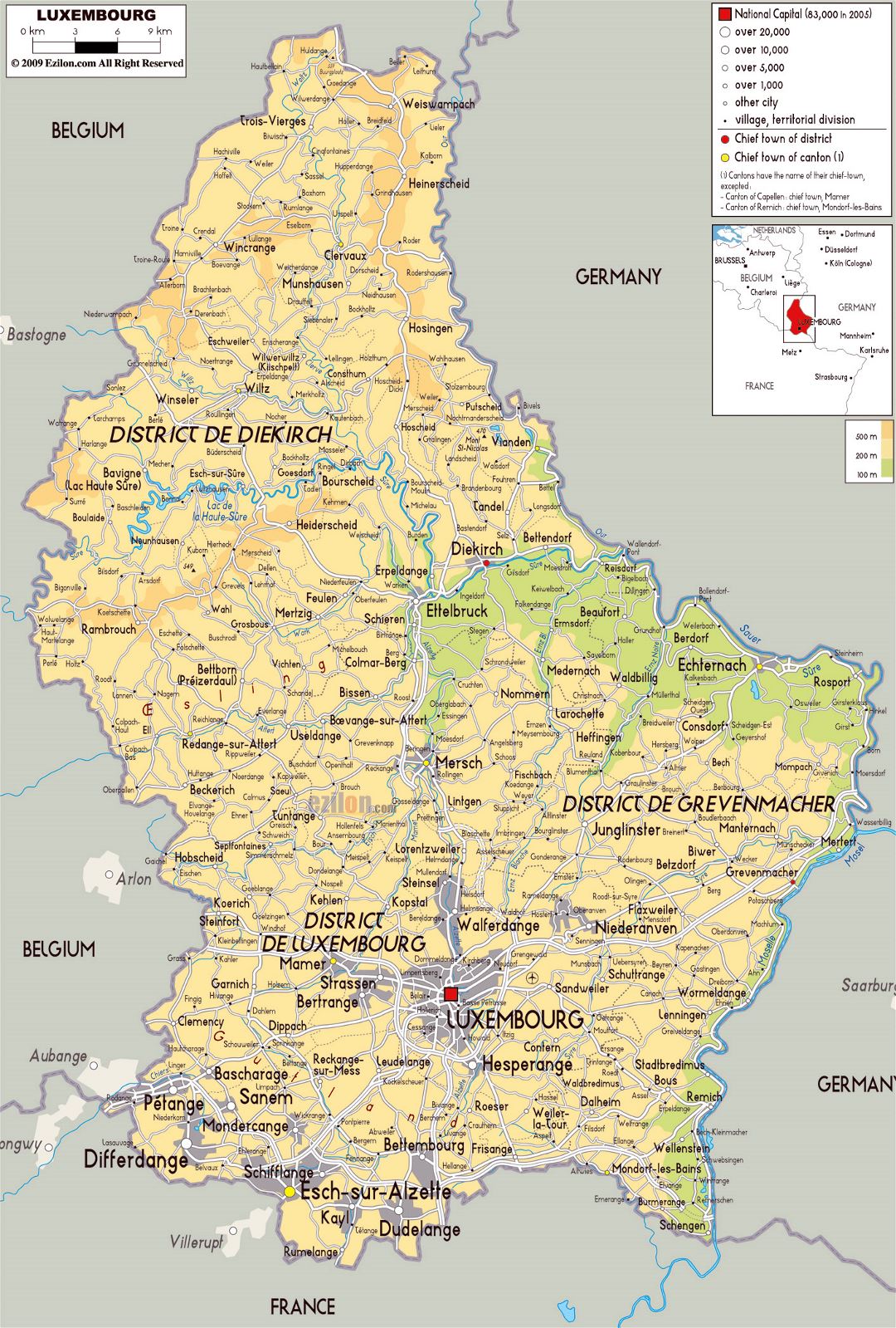 Large physical map of Luxembourg with roads, cities and airports