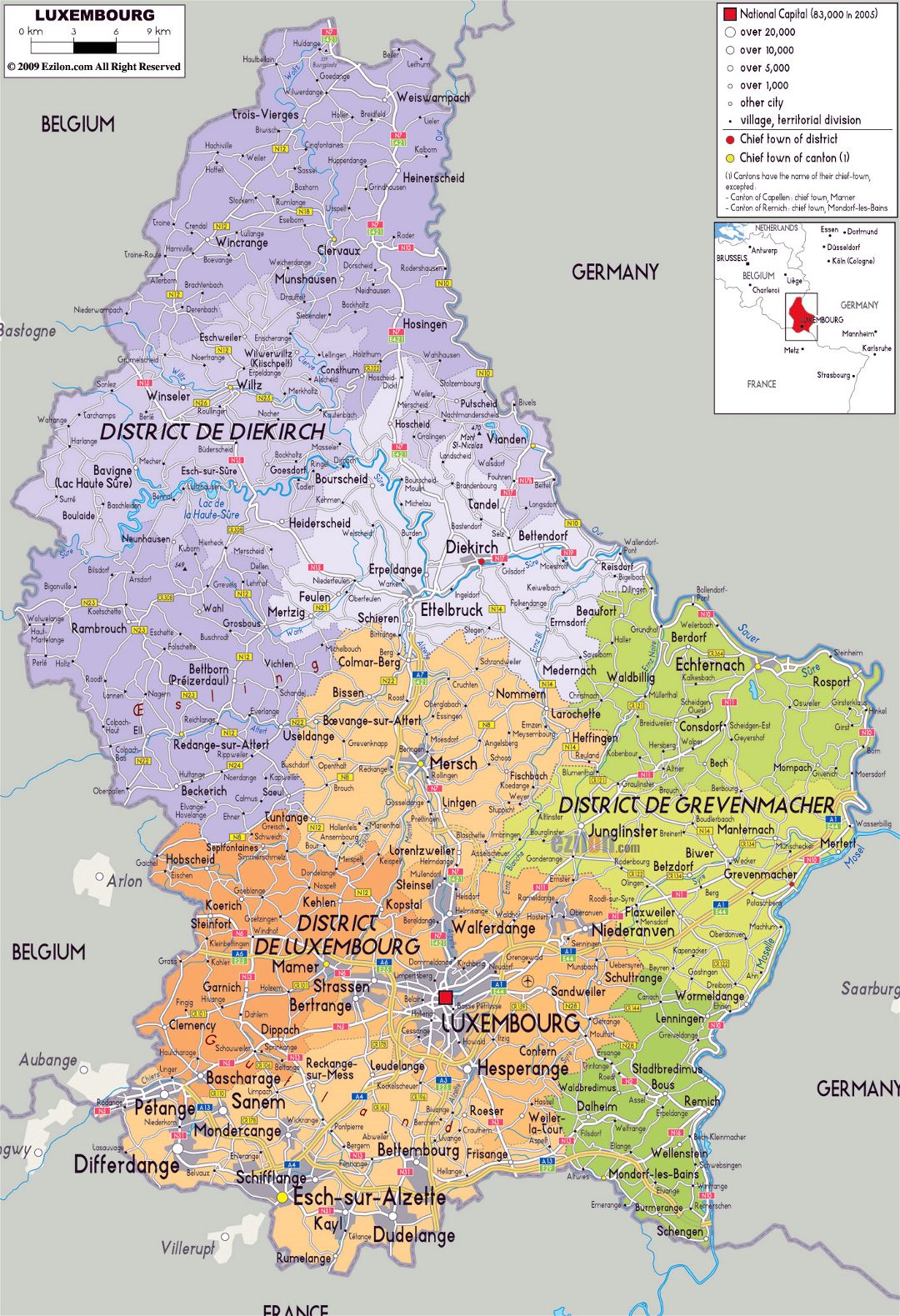 Large political and administrative map of Luxembourg with roads, cities and airports