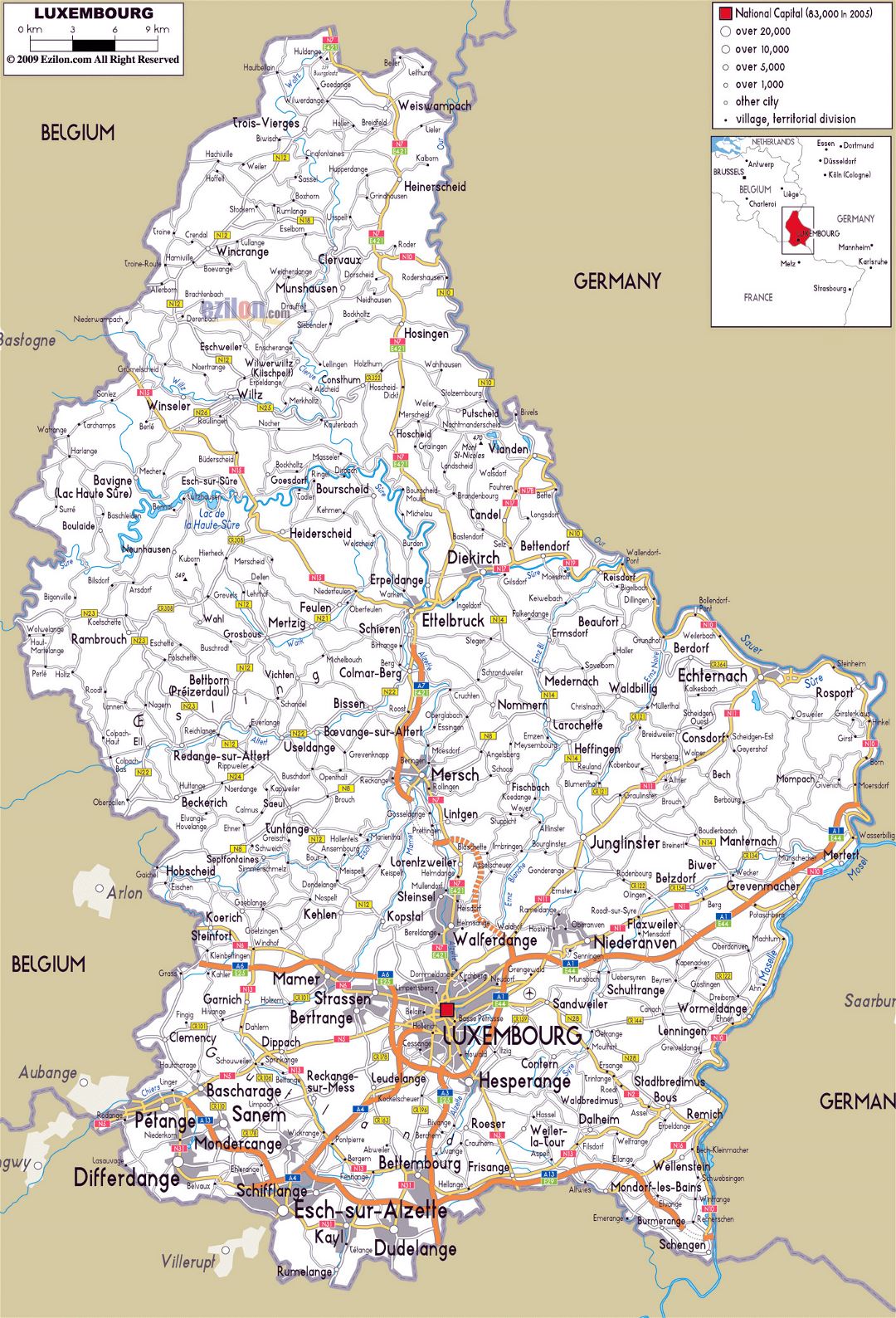 Large road map of Luxembourg with cities and airports