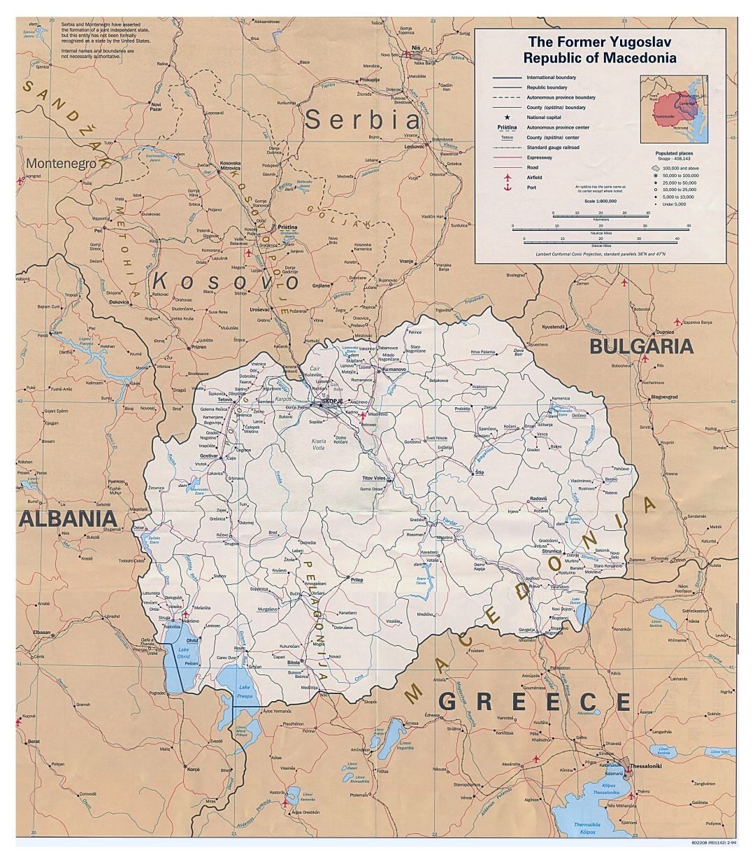 Large detailed political map of Macedonia with roads, railroads, cities and airports - 1994