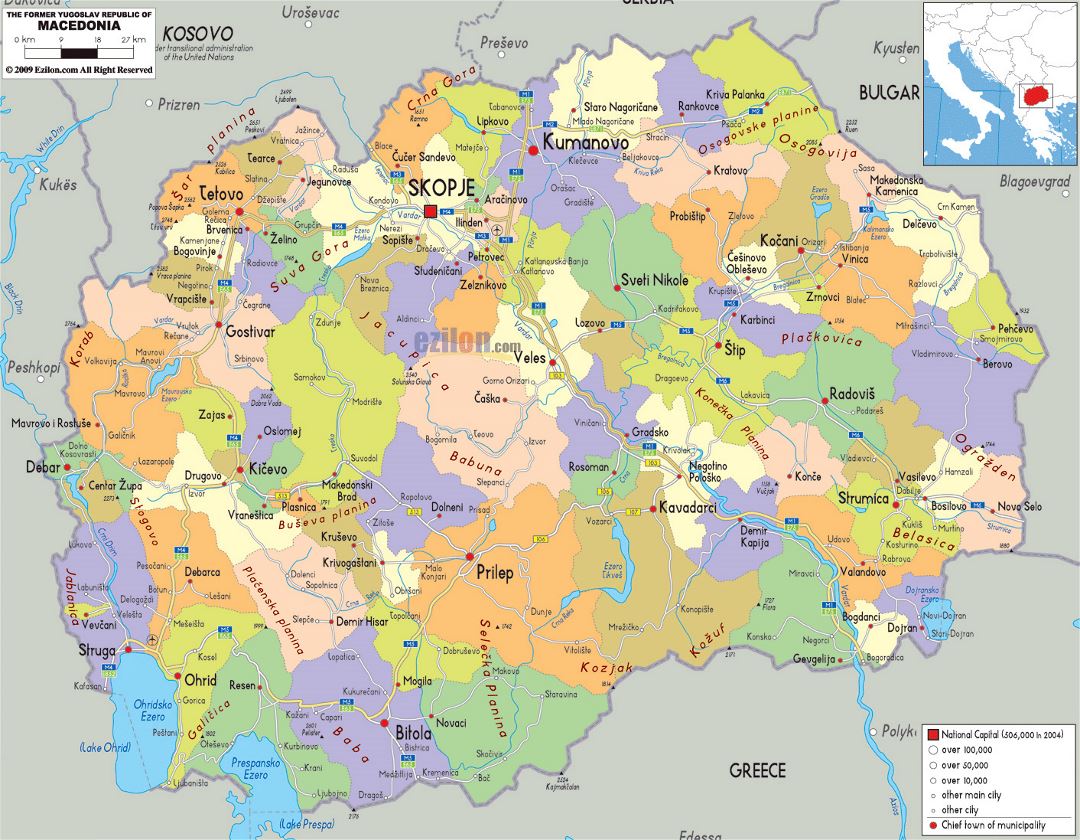 Large political and administrative map of Macedonia with roads, cities and airports