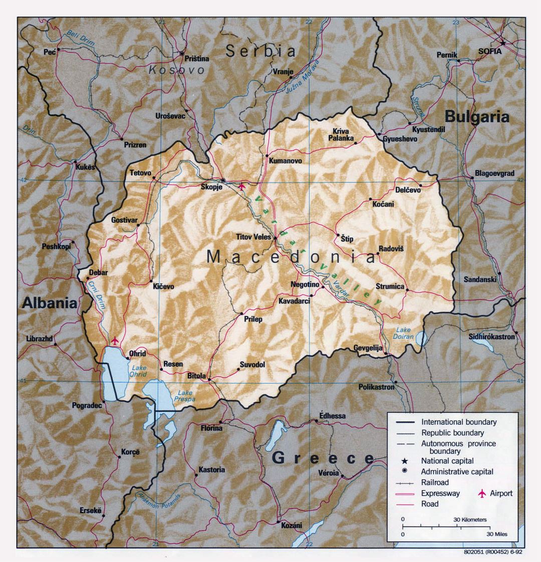 Large political map of Macedonia with relief, roads, major cities and airports - 1992