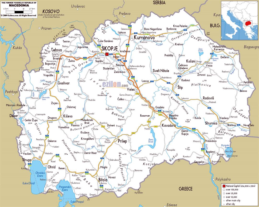 Large road map of Macedonia with cities and airports