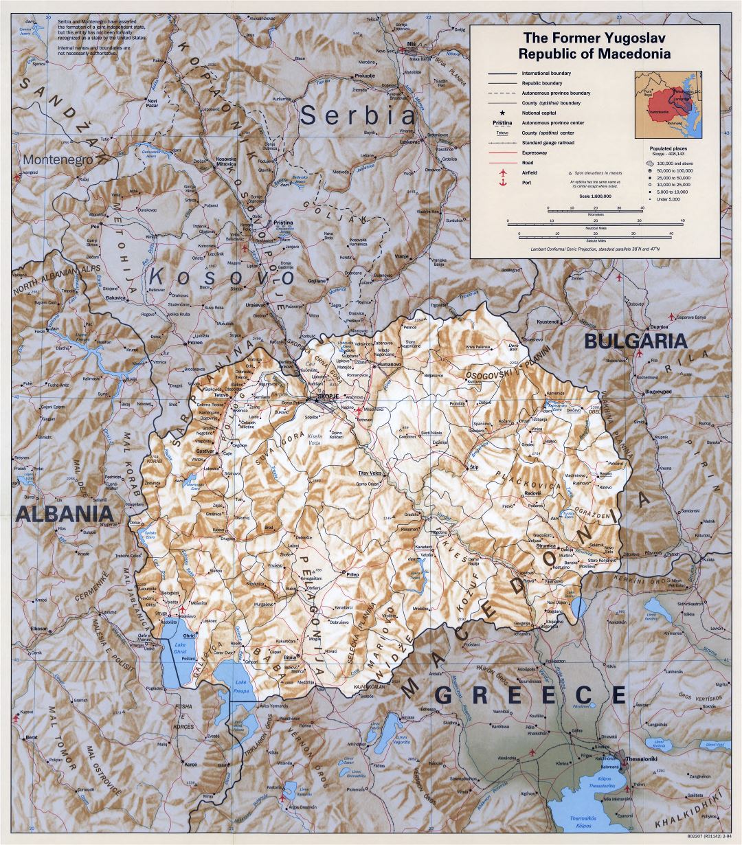 Large scale political map of Macedonia with relief, roads, railroads, cities and airports - 1994