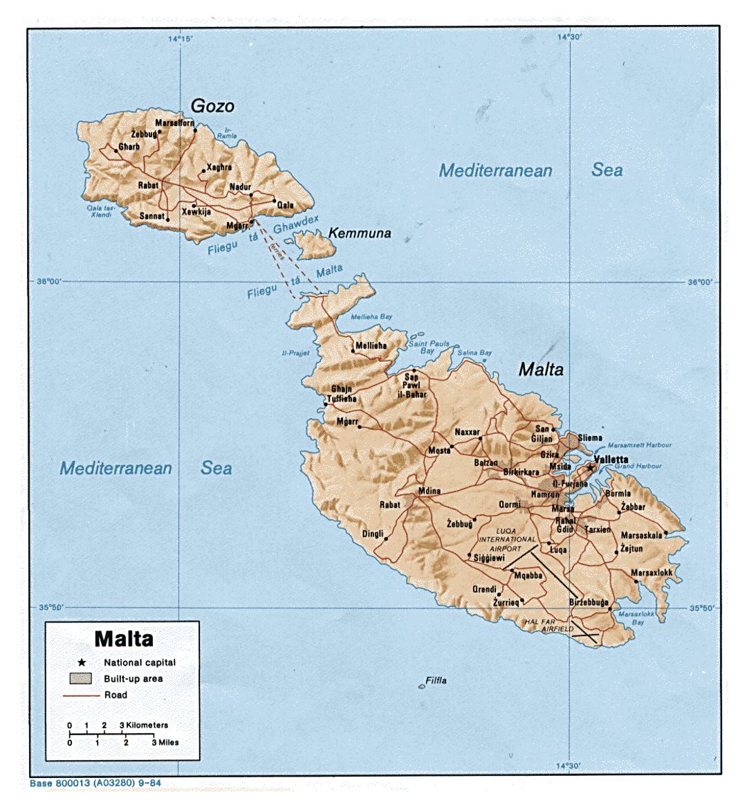 Detailed political map of Malta with relief, roads, cities and villages - 1984