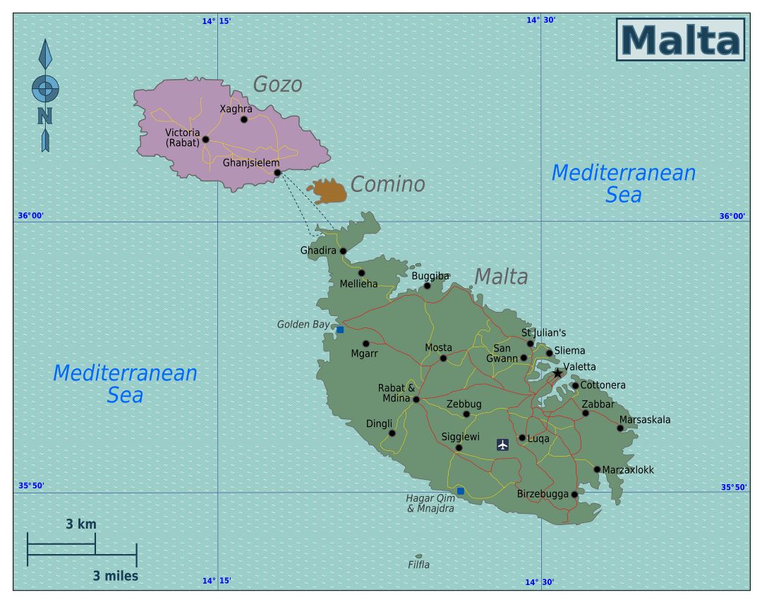 Large map of Malta and Gozo with roads and cities