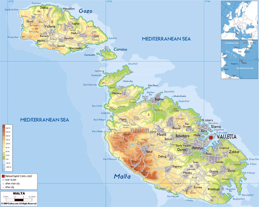 Large physical map of Malta with roads, cities and airports