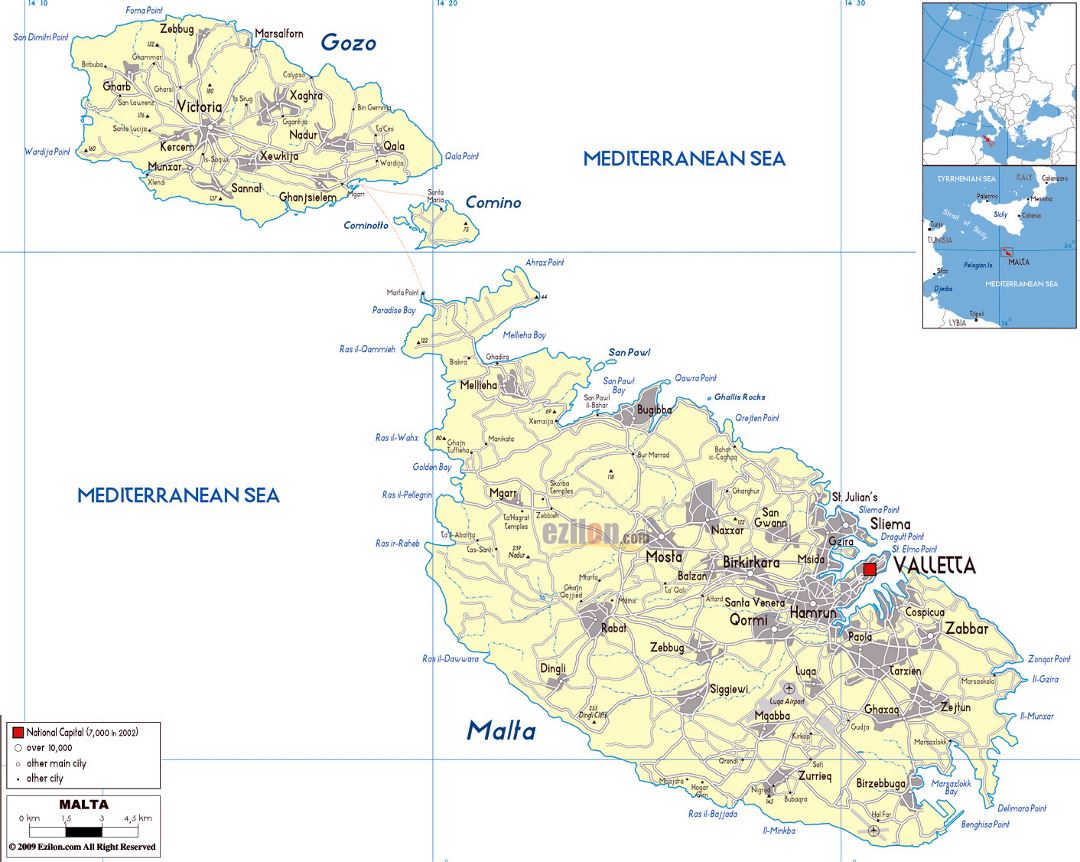 Large political map of Malta with roads, cities and airports