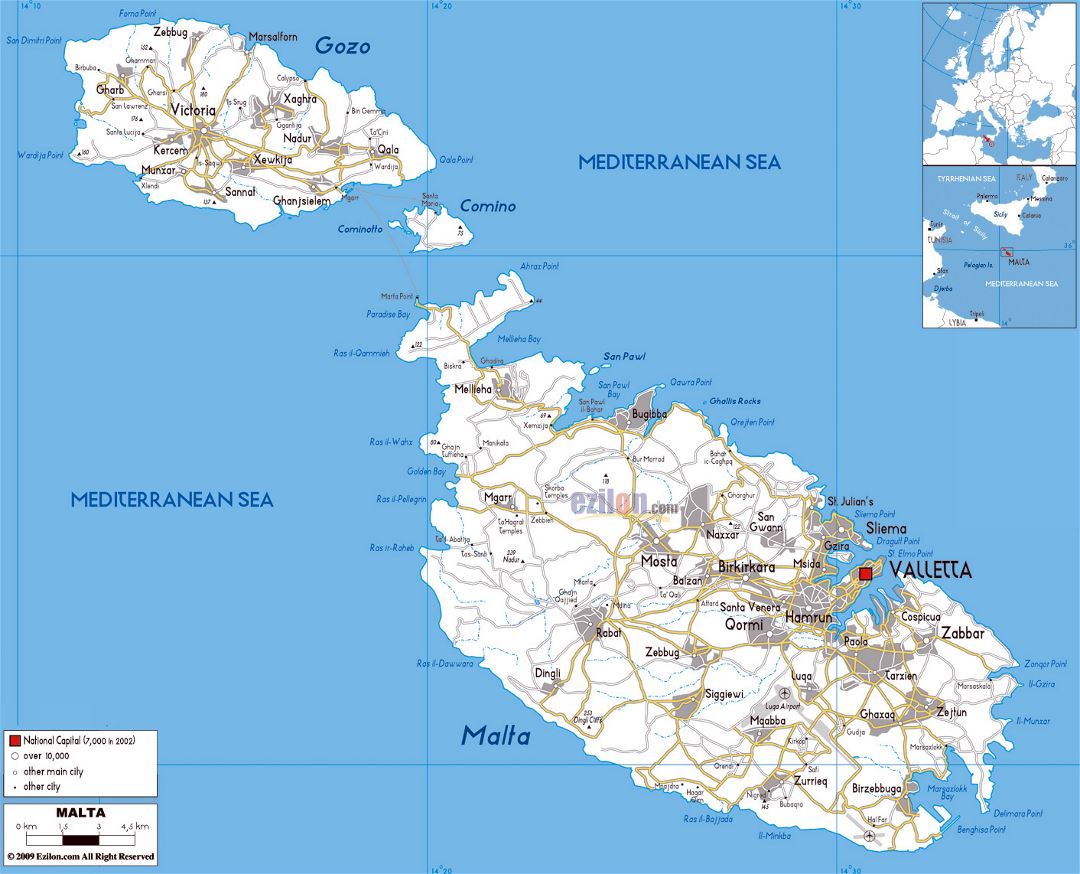 Large road map of Malta with cities and airports