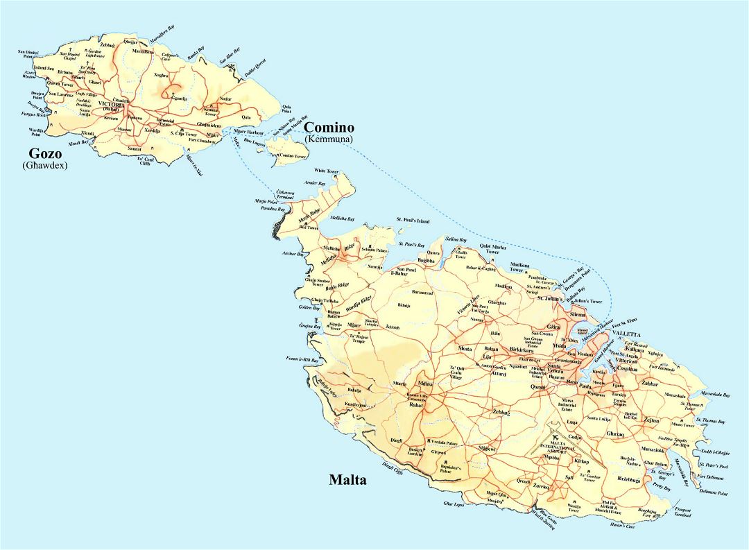 Large road map of Malta with relief
