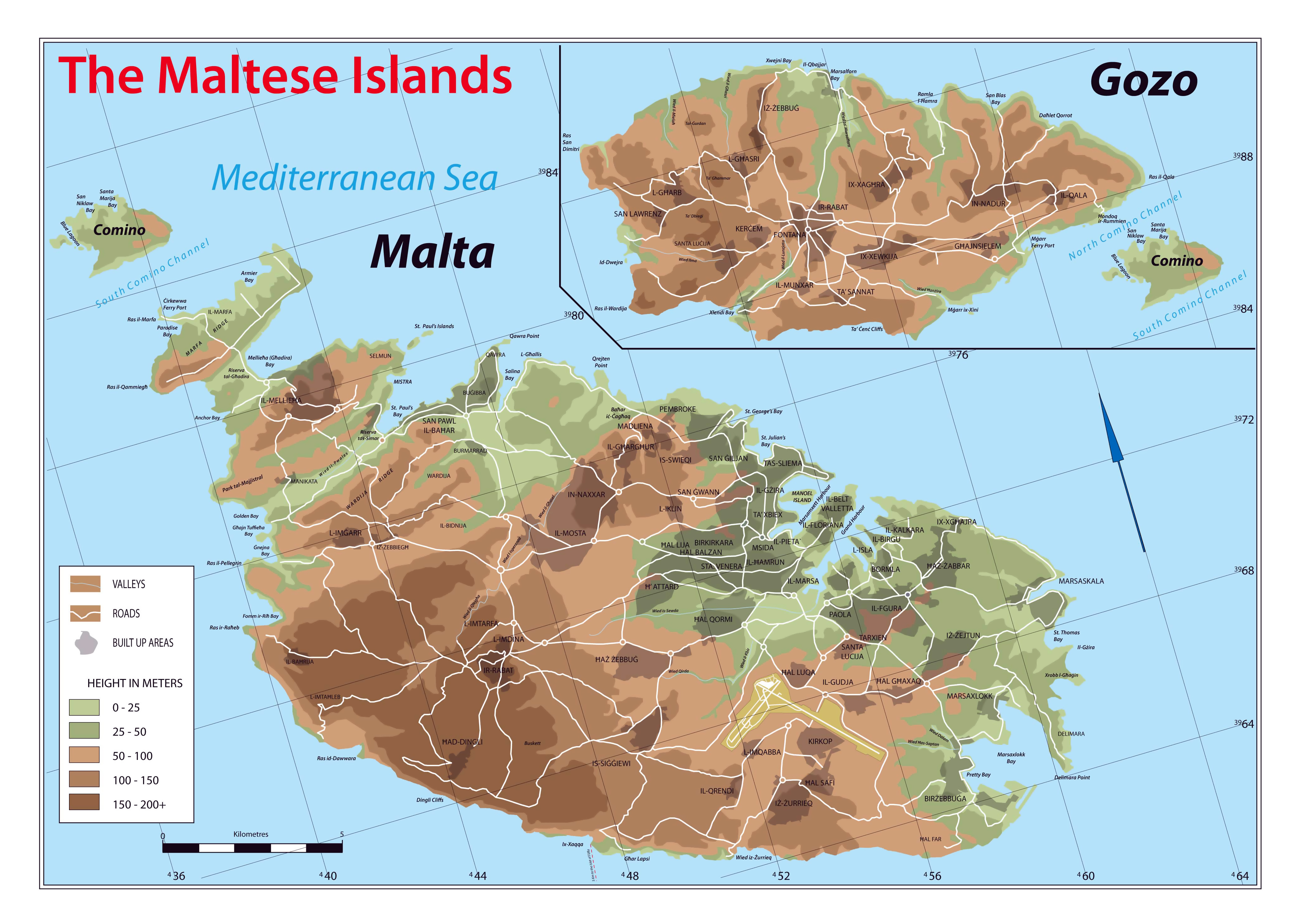 Large Scale Elevation Map Of Malta And Gozo With Other Marks Malta Europe Mapsland Maps Of The World