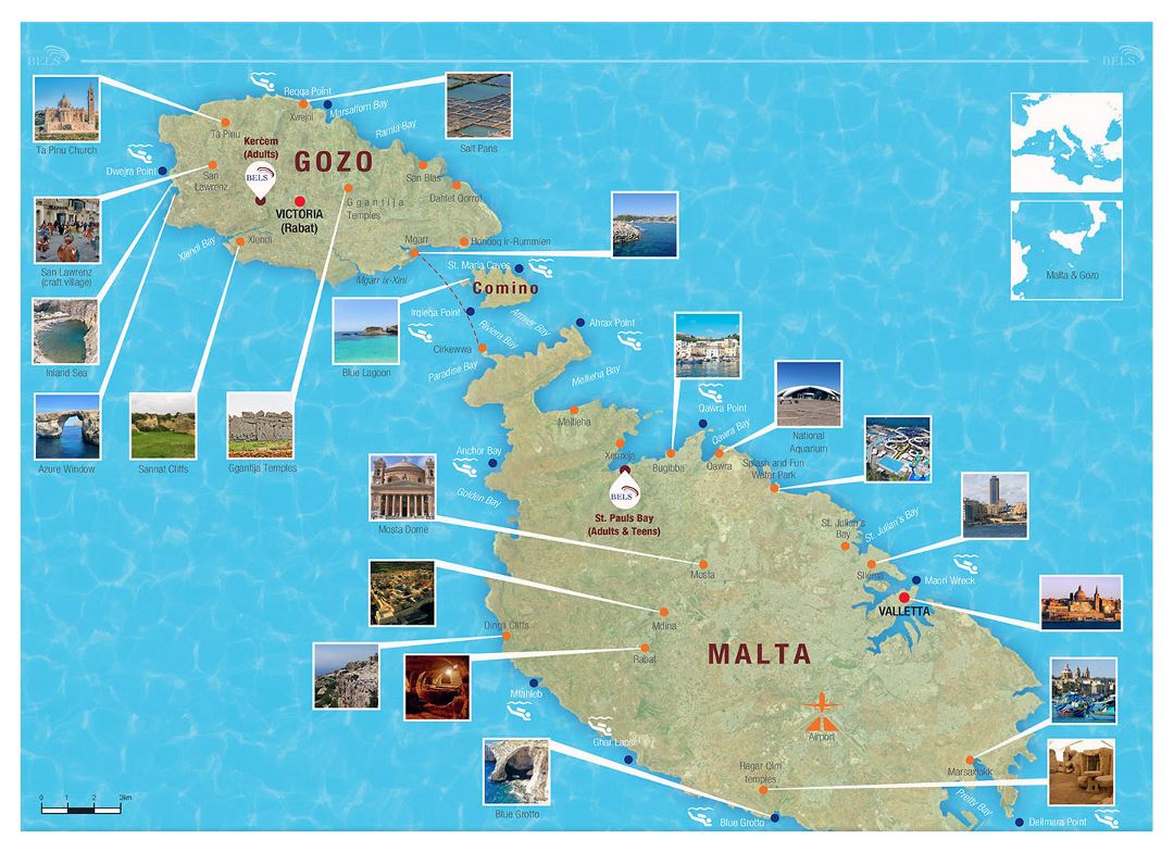 Large travel map of Malta and Gozo