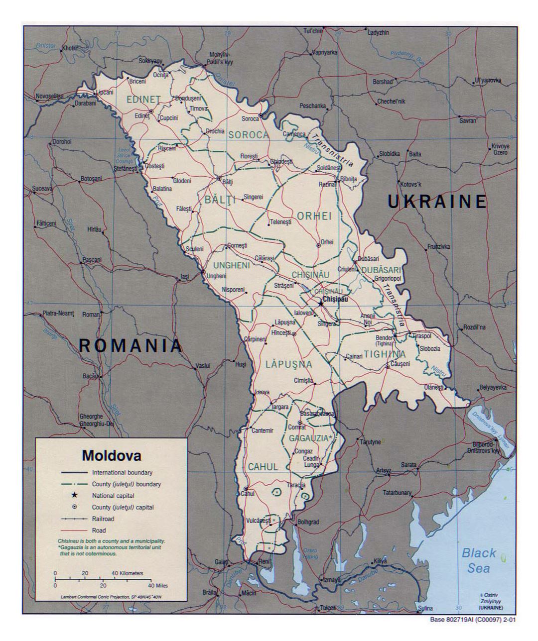 Detailed political and administrative map of Moldova with roads, railroads and major cities - 2001